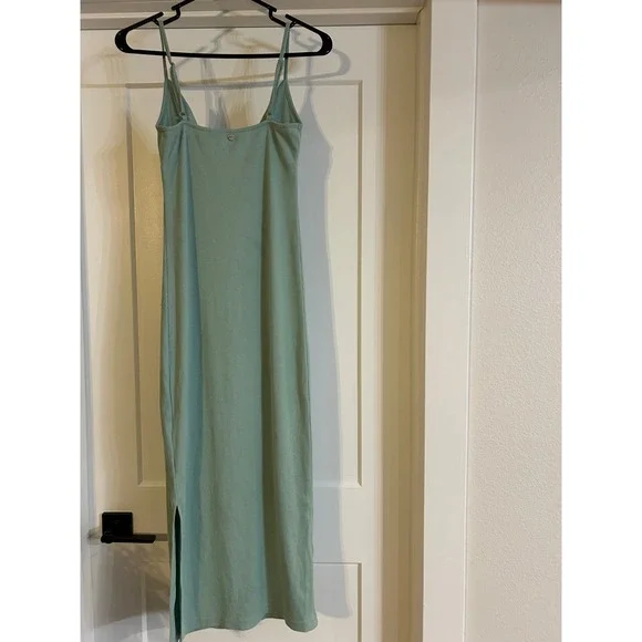 ROXY Ribbed Cowl Neck Spaghetti Strap Midi Dress Green Small Slip Dress Maxi Y2K - Picture 5 of 6